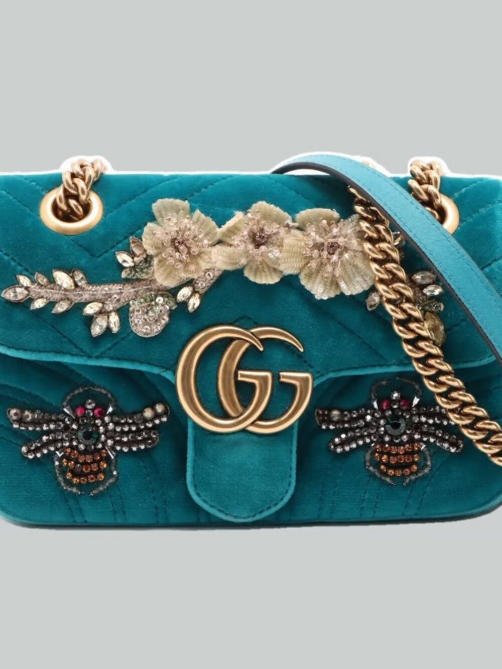 Gucci GG Marmont velour x bijou Chain Shoulder Bag Blue 446744
